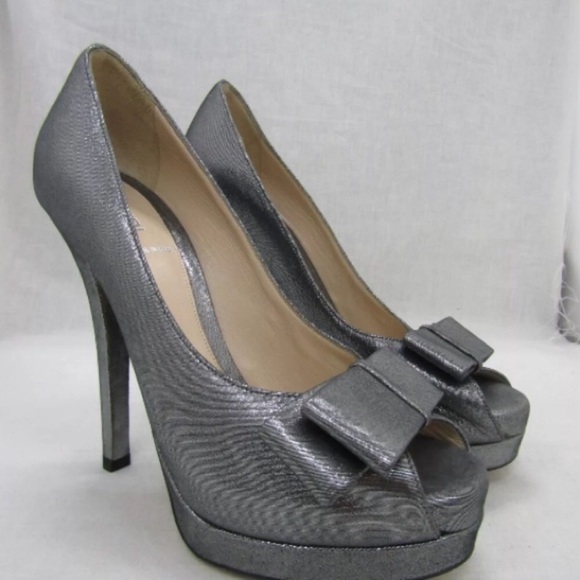 Fendi Shoes - Fendi Gray Metallic Silver Bow Peep Toe Pumps 38